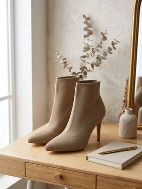 Cushionaire Pointed Toe Stiletto Ankle Bootie Knit Sock Boot Tan Size 8.5